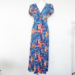 ROKOKO Wrap Floral Maxi Dress SMALL Blue Split front Short Sleeve NEW